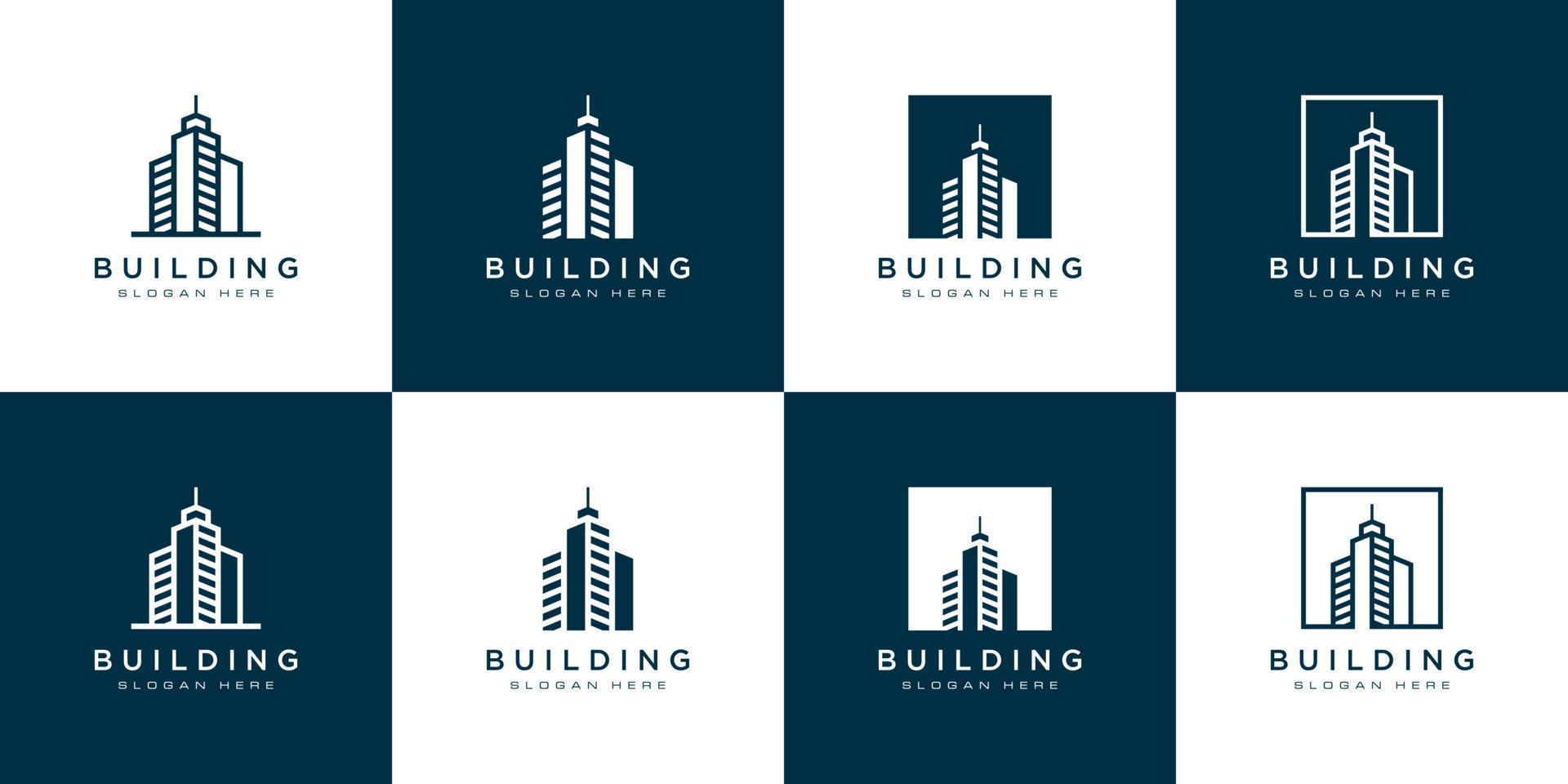set di logo dell'edificio con stile art linea. astratto dell'edificio della città per l'ispirazione del design del logo vettore