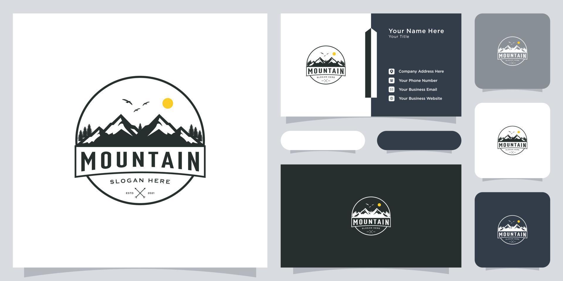 montagna con design del logo della luce solare e biglietto da visita vettore