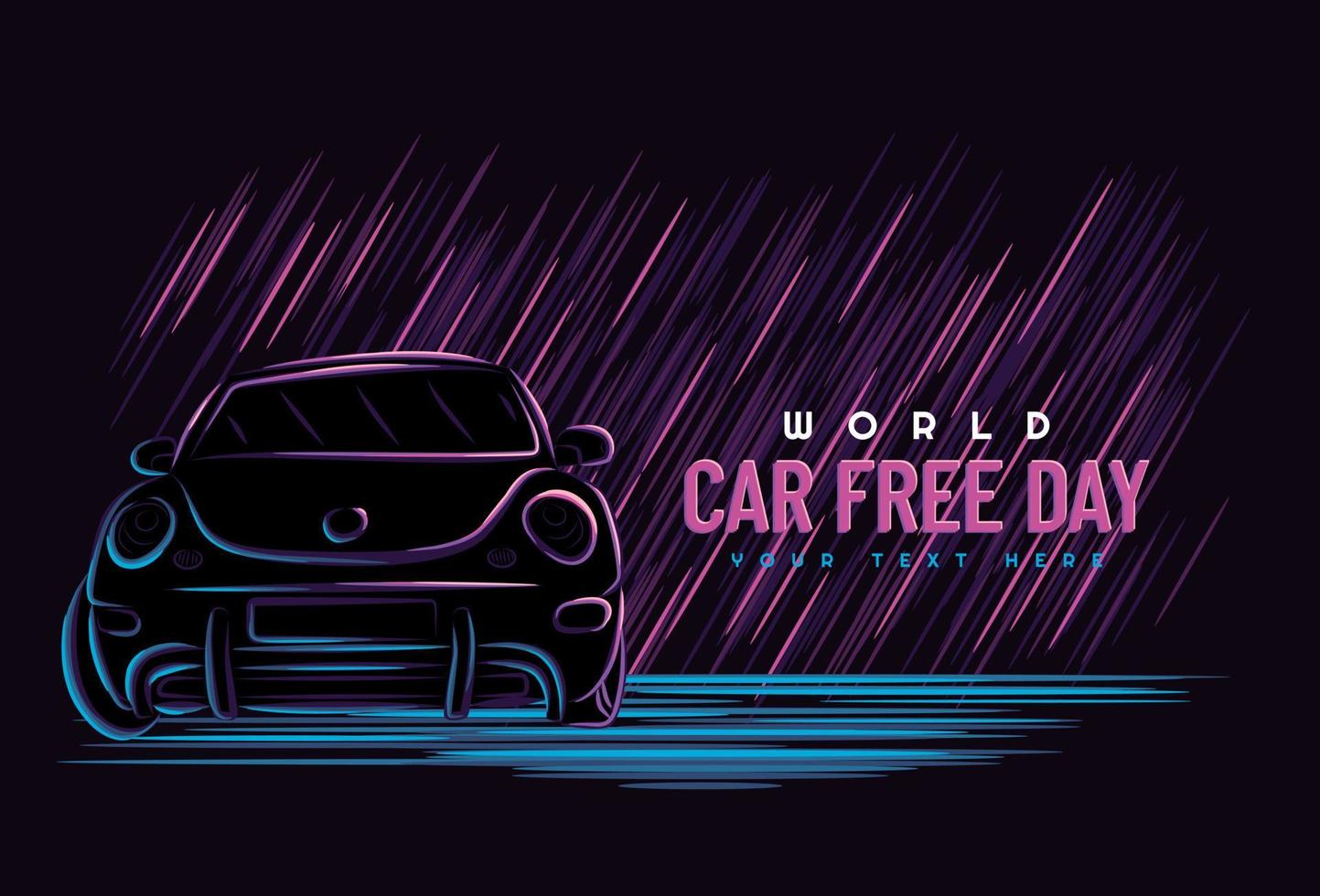 concetto di giornata senza auto. 22 settembre. linea arte auto con stile colore neon. illustrazione vettoriale su uno sfondo scuro