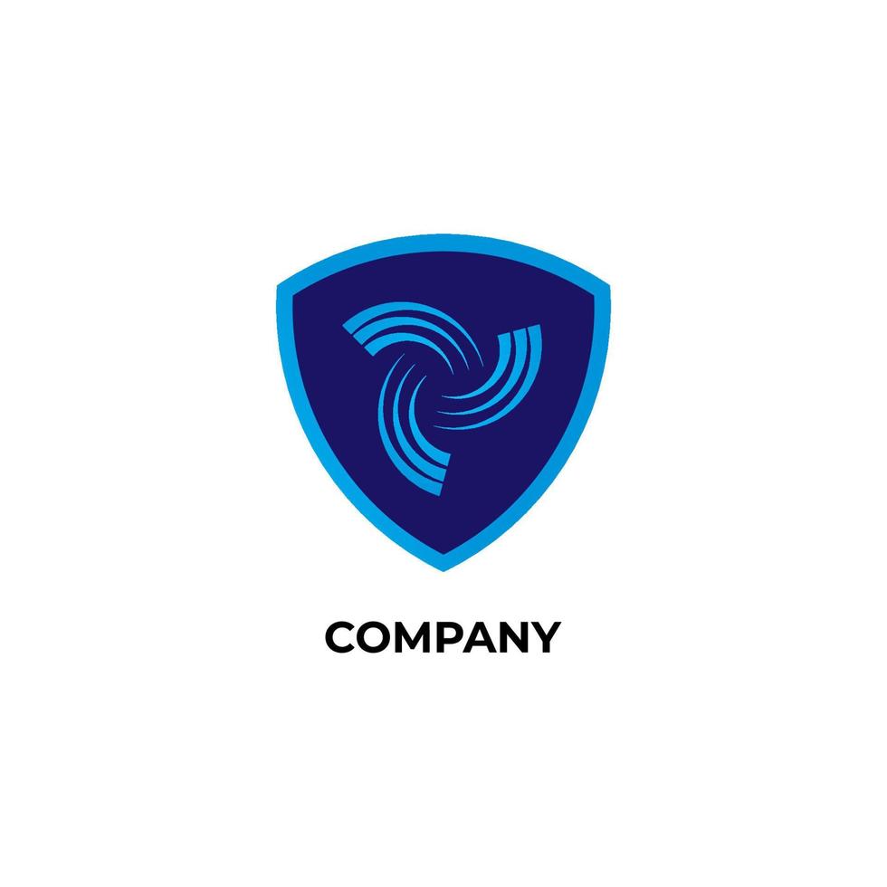 illustrazione dello scudo blu con l'icona del vortice all'interno. modello di progettazione logo guardia tempesta. concetto di logo di sicurezza isolato su sfondo bianco vettore