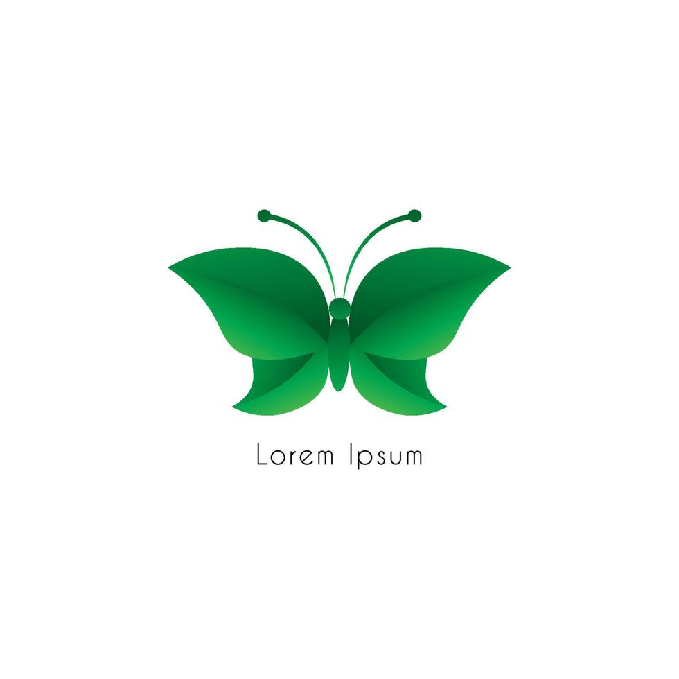 farfalla di foglia volante astratta illustrata dall'alto. modello di progettazione del logo. concetto di logo animale isolato su sfondo bianco. colore verde sfumato. adatto per prodotti di bellezza e moda vettore