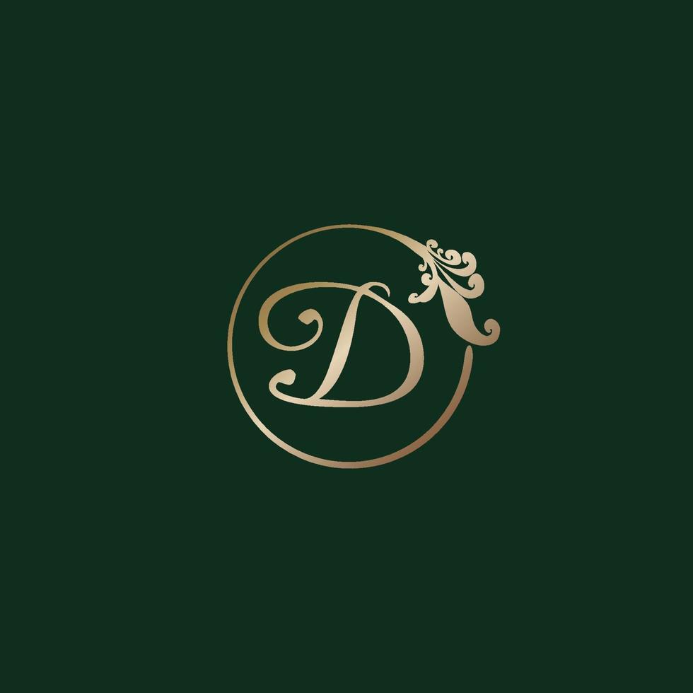 lettera d alfabeto decorativo logo isolato su sfondo verde. modello di progettazione del logo abjad iniziale con anello in oro di lusso. concetto di logo floreale arricciatura elegante. eps 10 file di progetto vettore