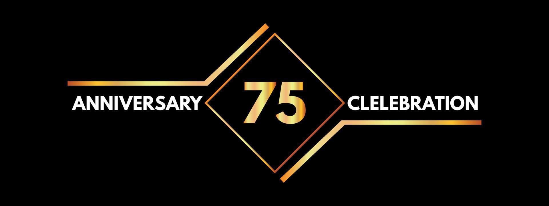 Celebrazione dell'anniversario di 75 anni con cornice dorata isolata su sfondo nero. disegno vettoriale per biglietto di auguri, festa di compleanno, matrimonio, festa evento, invito, cerimonia. Logo dell'anniversario di 75 anni.