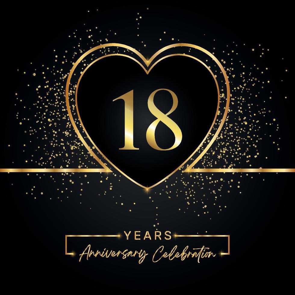 Celebrazione dell'anniversario di 18 anni con cuore d'oro e glitter dorati su sfondo nero. disegno vettoriale per auguri, feste di compleanno, matrimoni, feste di eventi. Logo dell'anniversario di 18 anni