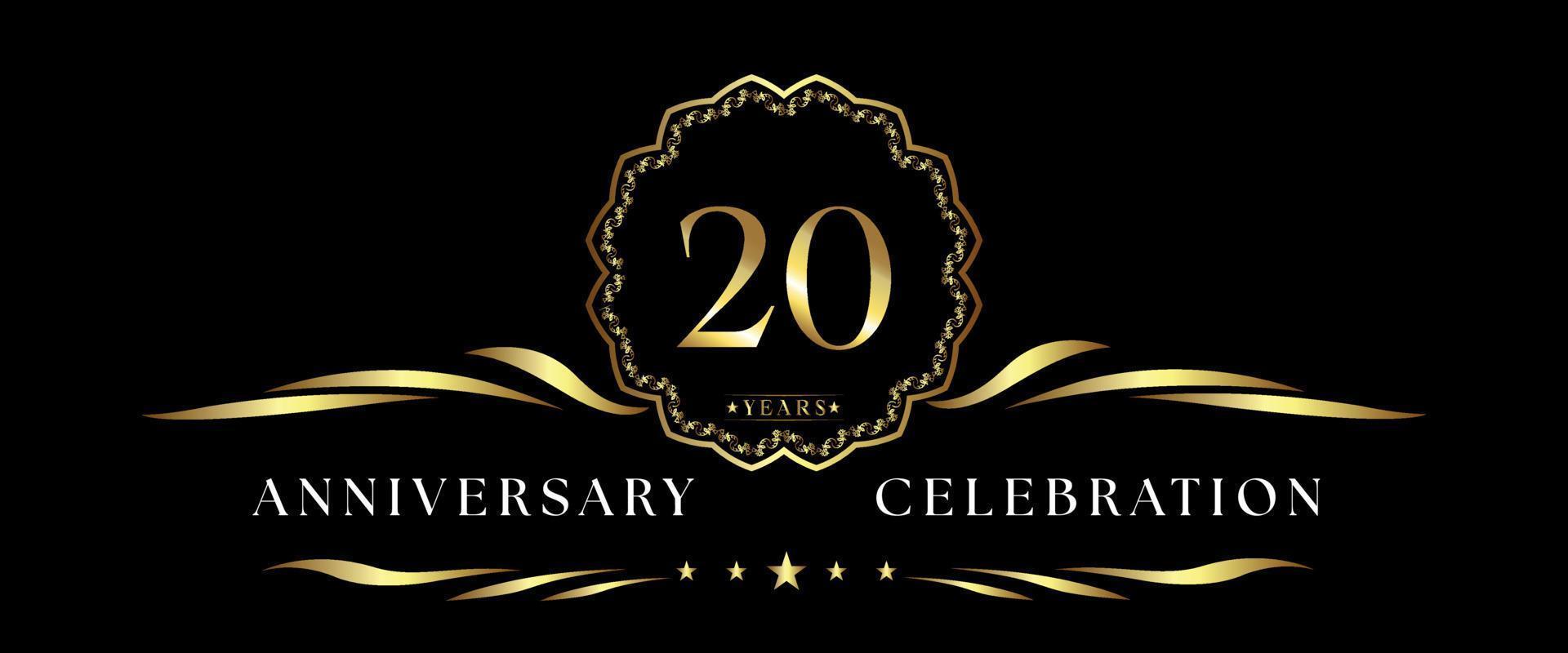 Celebrazione dell'anniversario di 20 anni con cornice decorativa dorata isolata su sfondo nero. disegno vettoriale per biglietto di auguri, festa di compleanno, matrimonio, festa evento, cerimonia. Logo dell'anniversario di 20 anni.