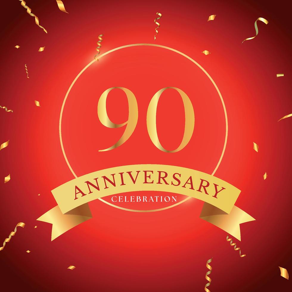 Celebrazione dell'anniversario di 90 anni con cornice dorata e coriandoli dorati isolati su sfondo rosso. disegno vettoriale per biglietto di auguri, festa di compleanno, matrimonio, festa di eventi. Logo dell'anniversario di 90 anni.