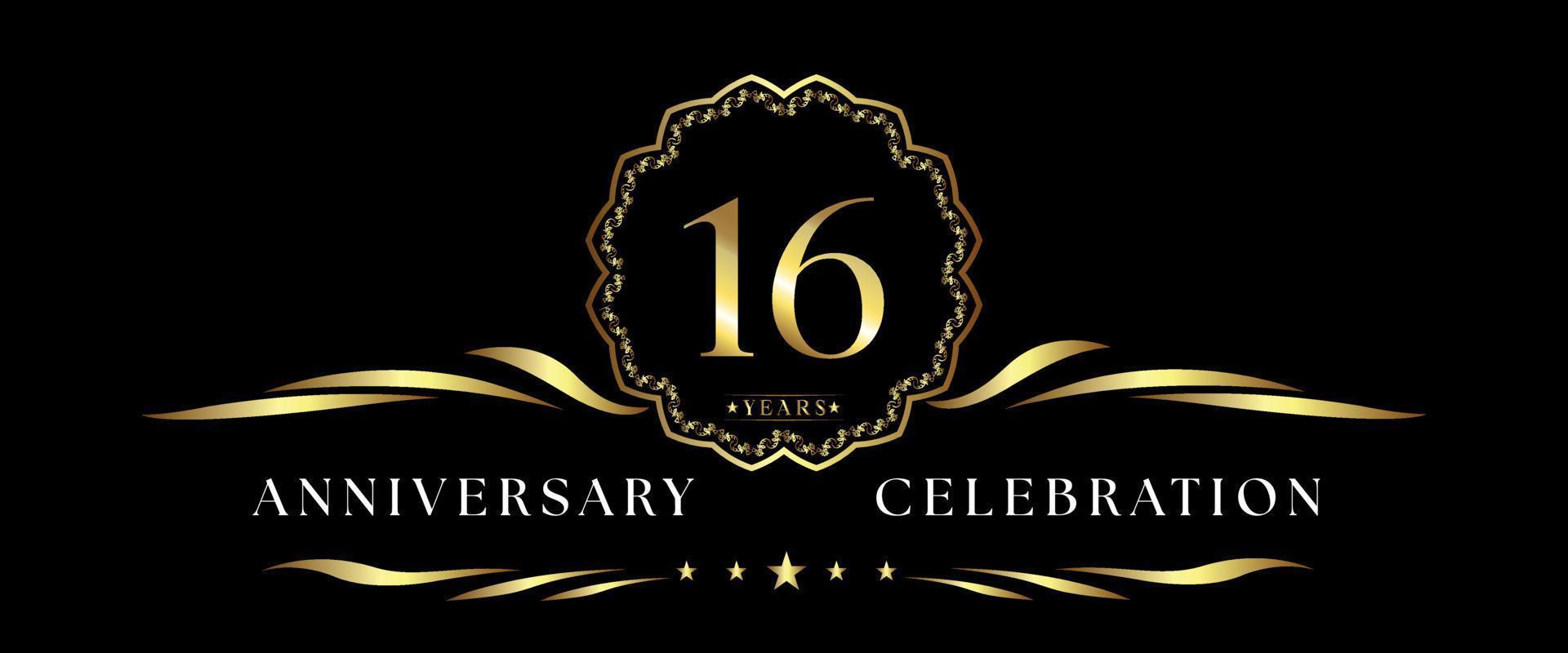 Celebrazione dell'anniversario di 16 anni con cornice decorativa dorata isolata su sfondo nero. disegno vettoriale per biglietto di auguri, festa di compleanno, matrimonio, festa evento, cerimonia. Logo dell'anniversario di 16 anni.