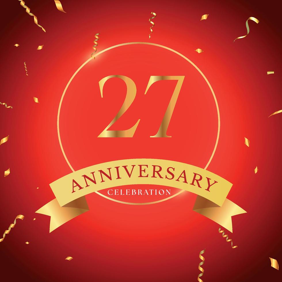 Celebrazione dell'anniversario di 27 anni con cornice dorata e coriandoli dorati isolati su sfondo rosso. disegno vettoriale per biglietto di auguri, festa di compleanno, matrimonio, festa di eventi. Logo dell'anniversario di 27 anni.