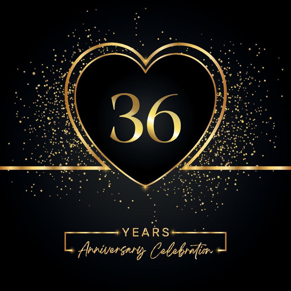 Celebrazione dell'anniversario di 36 anni con cuore d'oro e glitter dorati su sfondo nero. disegno vettoriale per auguri, feste di compleanno, matrimoni, feste di eventi. Logo dell'anniversario di 36 anni