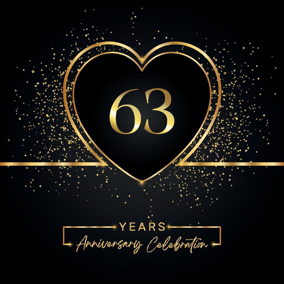 Celebrazione dell'anniversario di 63 anni con cuore d'oro e glitter dorati su sfondo nero. disegno vettoriale per auguri, feste di compleanno, matrimoni, feste di eventi. Logo dell'anniversario di 63 anni