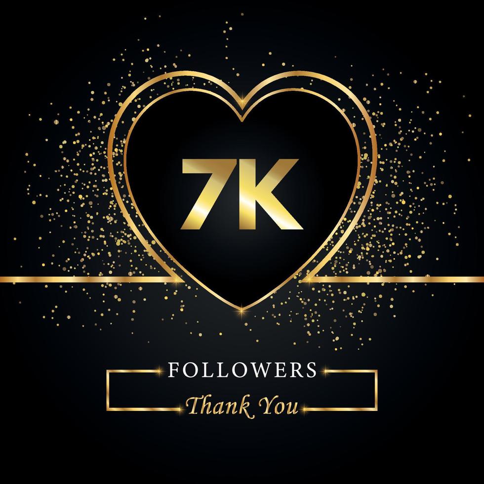 grazie 7k o 7mila follower con cuore e glitter dorati isolati su sfondo nero. modello di biglietto di auguri per amici e follower dei social network. grazie, seguaci, realizzazione. vettore