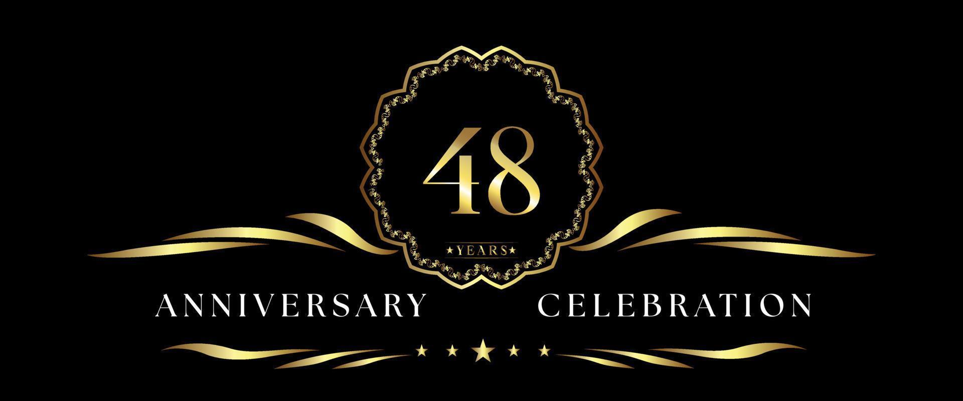 Celebrazione dell'anniversario di 48 anni con cornice decorativa dorata isolata su sfondo nero. disegno vettoriale per biglietto di auguri, festa di compleanno, matrimonio, festa evento, cerimonia. Logo dell'anniversario di 48 anni.