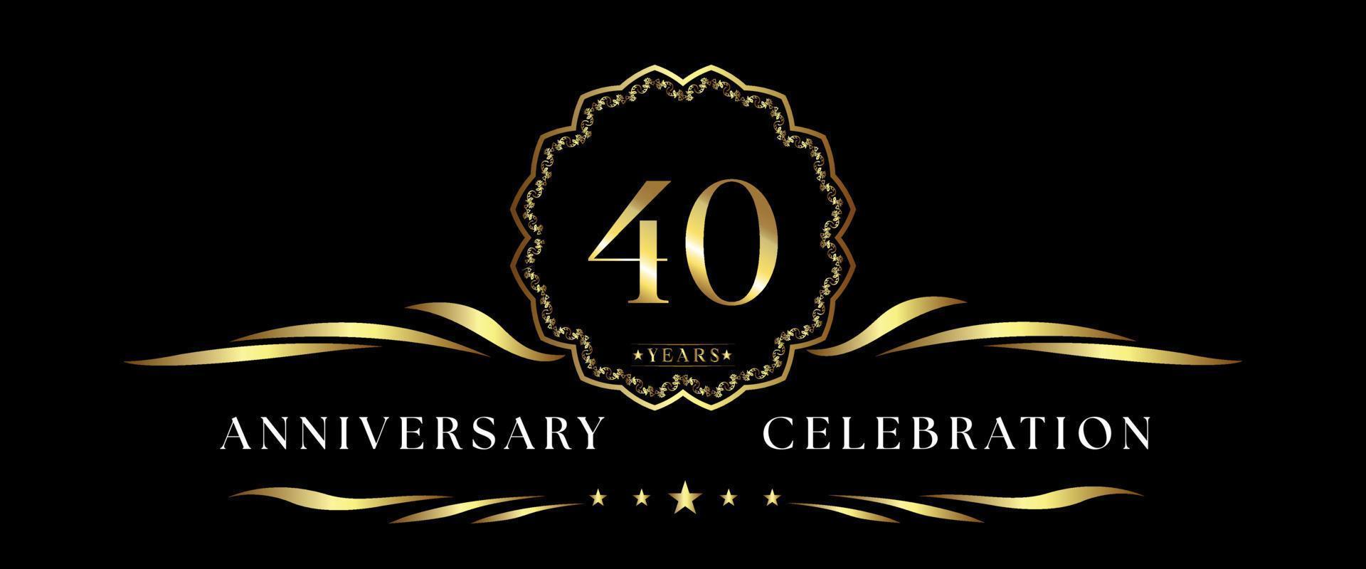 Celebrazione dell'anniversario di 40 anni con cornice decorativa dorata isolata su sfondo nero. disegno vettoriale per biglietto di auguri, festa di compleanno, matrimonio, festa evento, cerimonia. Logo dell'anniversario di 40 anni.