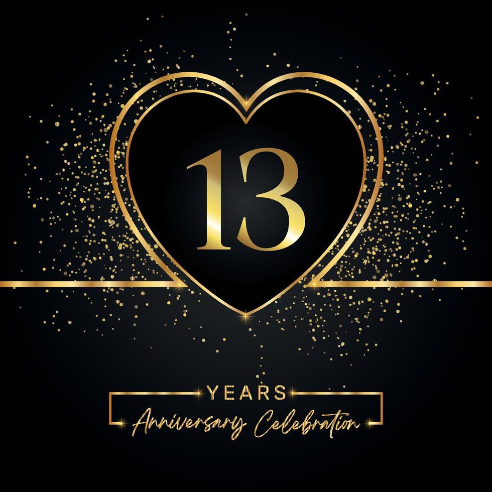 Celebrazione dell'anniversario di 13 anni con cuore d'oro e glitter dorati su sfondo nero. disegno vettoriale per auguri, feste di compleanno, matrimoni, feste di eventi. Logo dell'anniversario di 13 anni