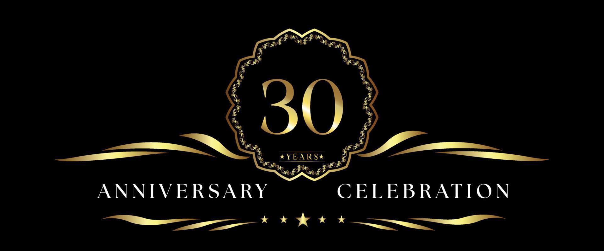 Celebrazione dell'anniversario di 30 anni con cornice decorativa dorata isolata su sfondo nero. disegno vettoriale per biglietto di auguri, festa di compleanno, matrimonio, festa evento, cerimonia. Logo dell'anniversario di 30 anni.