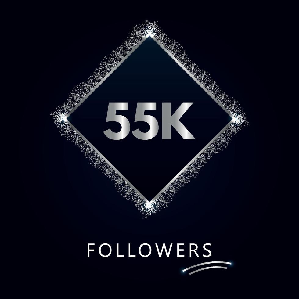 55k o 55 mila follower con cornice e glitter argento isolati su sfondo blu scuro. modello di biglietto di auguri per amici e follower dei social network. grazie, seguaci, realizzazione. vettore