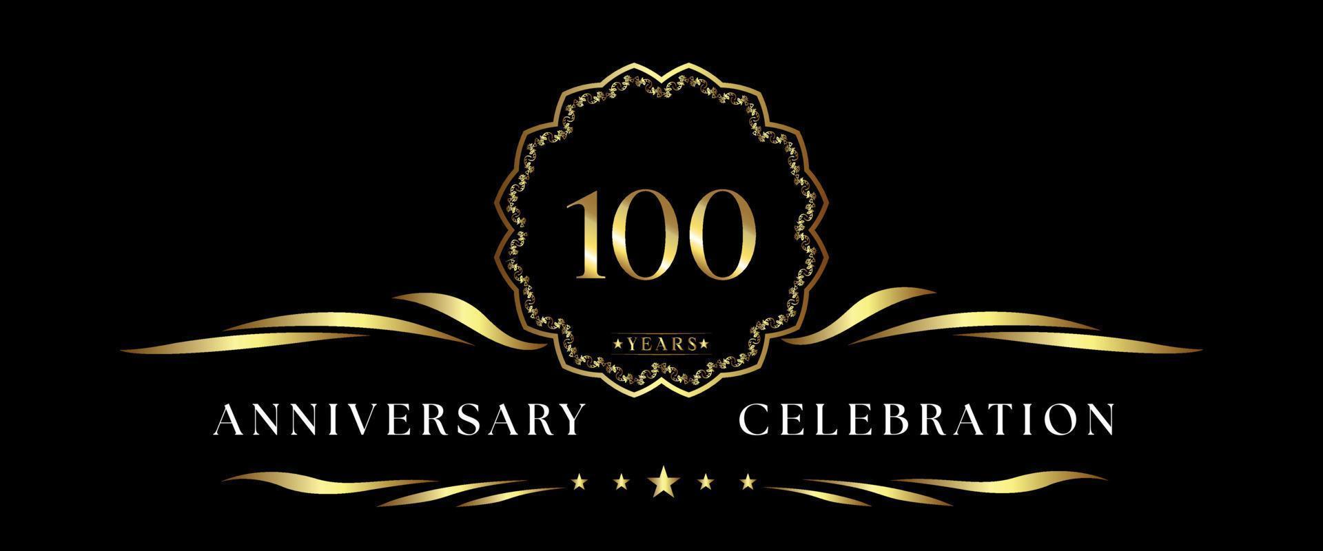 Celebrazione dell'anniversario di 100 anni con cornice decorativa dorata isolata su sfondo nero. disegno vettoriale per biglietto di auguri, festa di compleanno, matrimonio, festa evento, cerimonia. Logo dell'anniversario di 100 anni.