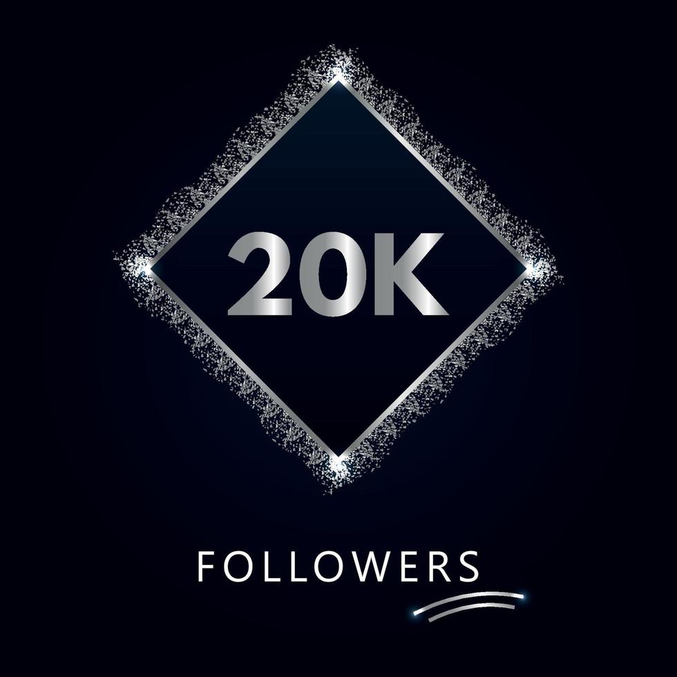 20k o 20 mila follower con cornice e glitter argento isolati su sfondo blu scuro. modello di biglietto di auguri per amici e follower dei social network. grazie, seguaci, realizzazione. vettore