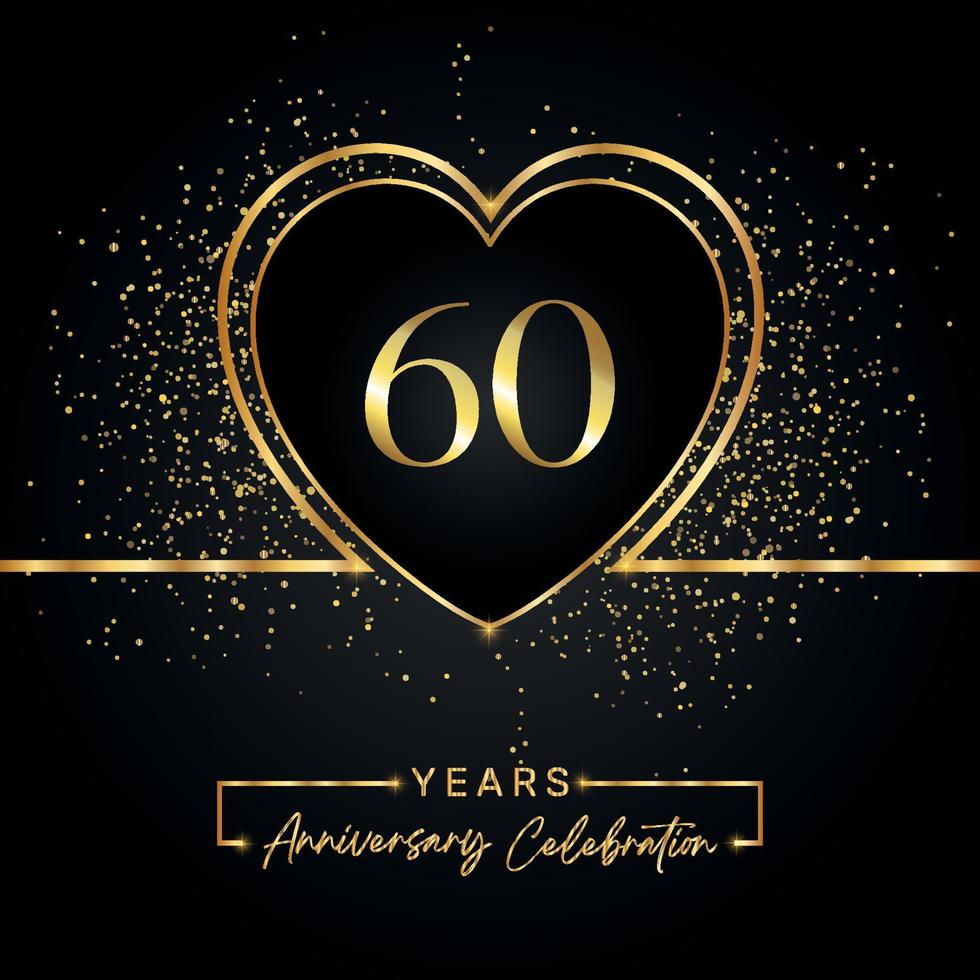 Celebrazione dell'anniversario di 60 anni con cuore d'oro e glitter dorati su sfondo nero. disegno vettoriale per auguri, feste di compleanno, matrimoni, feste di eventi. Logo dell'anniversario di 60 anni