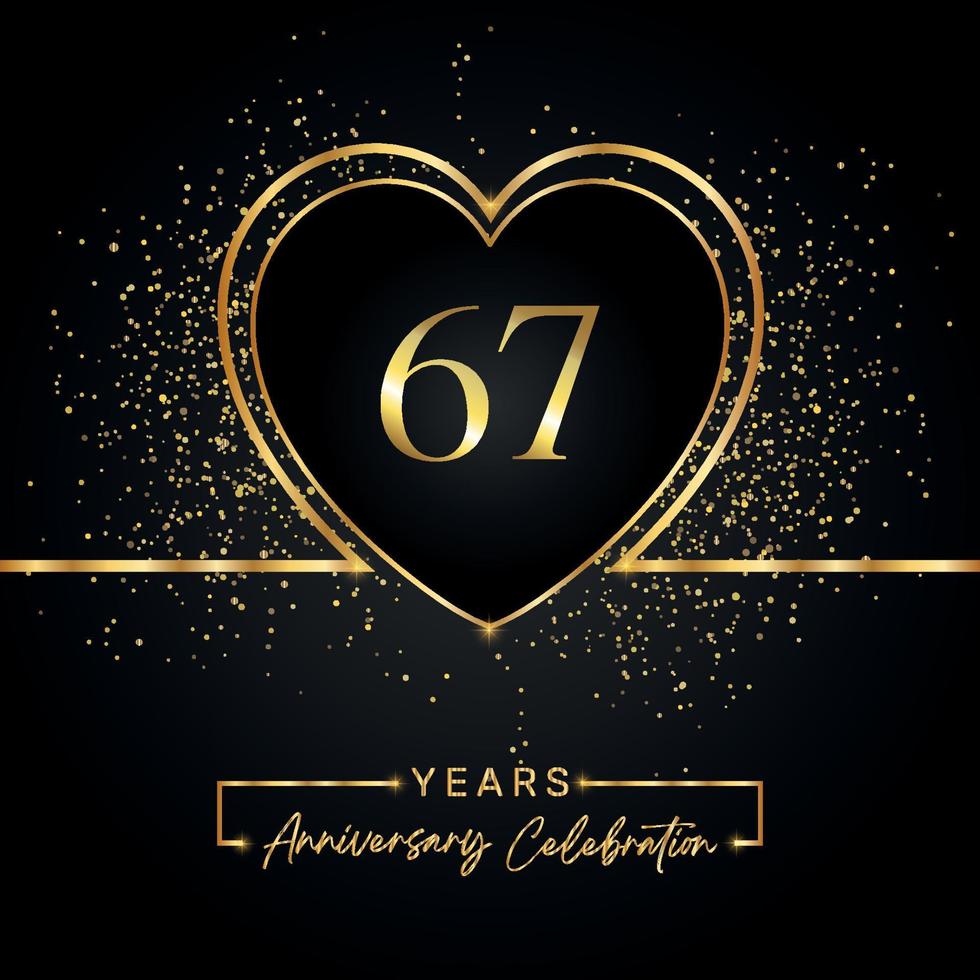 Celebrazione dell'anniversario di 67 anni con cuore d'oro e glitter dorati su sfondo nero. disegno vettoriale per auguri, feste di compleanno, matrimoni, feste di eventi. Logo dell'anniversario di 67 anni