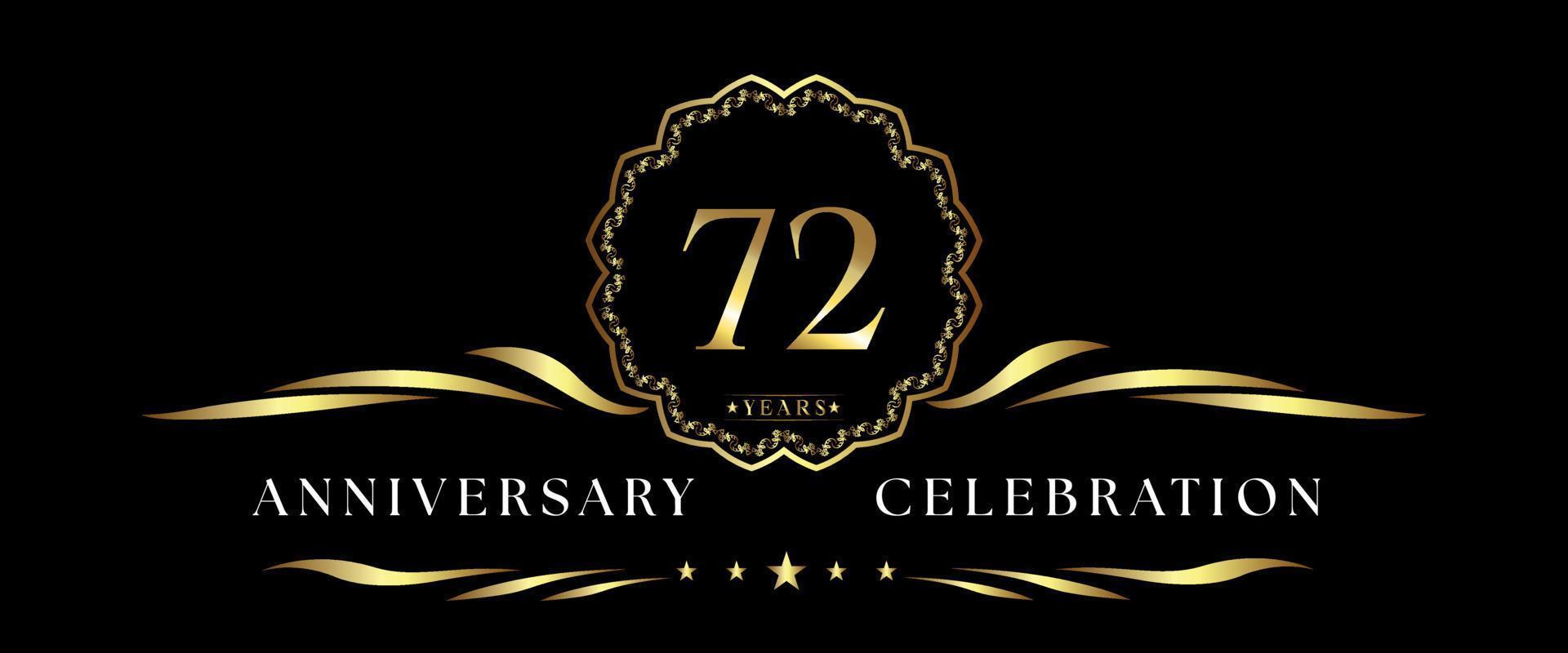 Celebrazione dell'anniversario di 72 anni con cornice decorativa dorata isolata su sfondo nero. disegno vettoriale per biglietto di auguri, festa di compleanno, matrimonio, festa evento, cerimonia. Logo dell'anniversario di 72 anni.