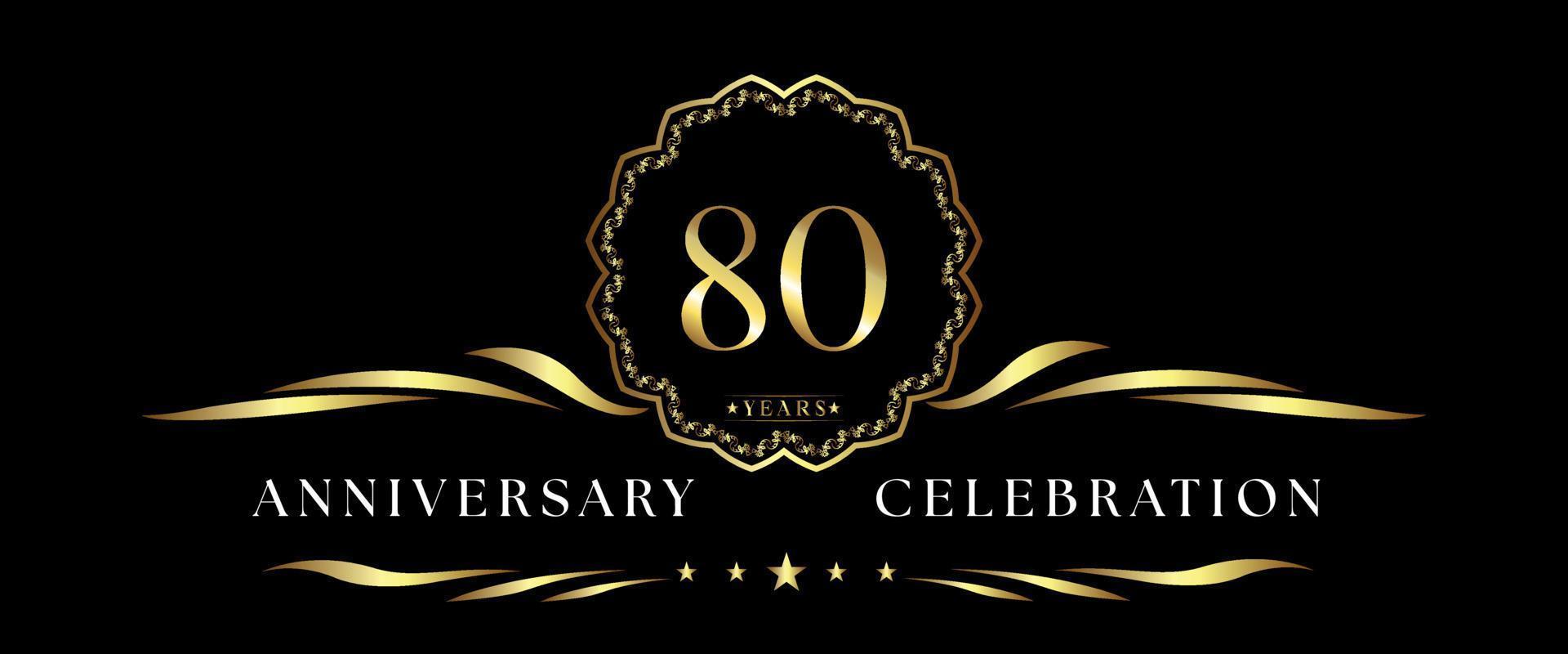 Celebrazione dell'anniversario di 80 anni con cornice decorativa dorata isolata su sfondo nero. disegno vettoriale per biglietto di auguri, festa di compleanno, matrimonio, festa evento, cerimonia. Logo dell'anniversario di 80 anni.