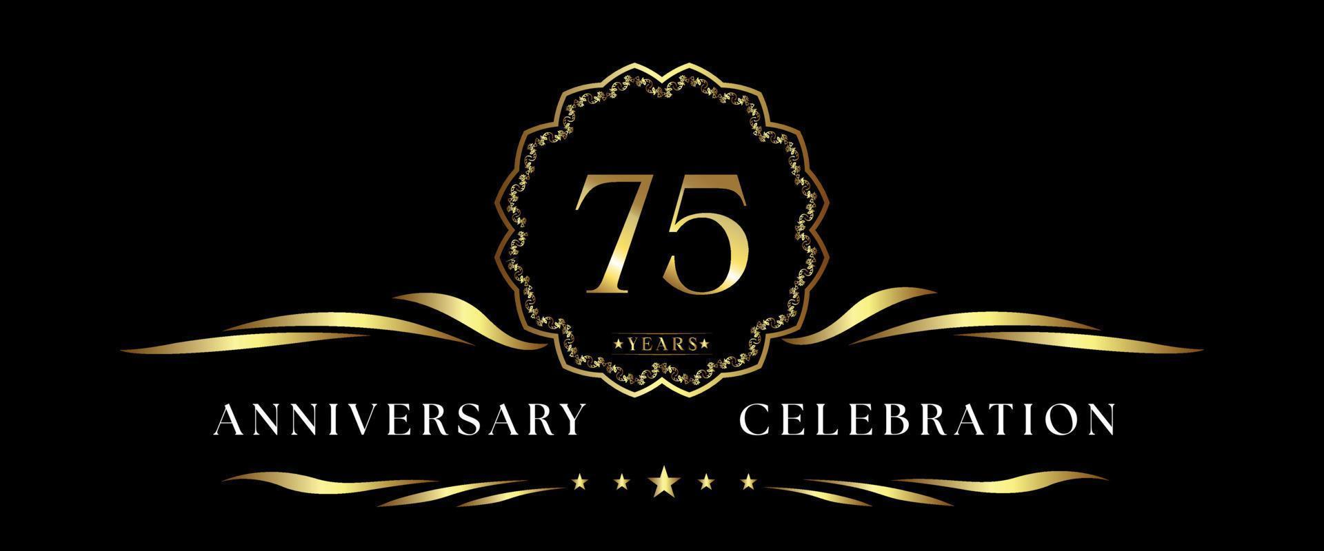 Celebrazione dell'anniversario di 75 anni con cornice decorativa dorata isolata su sfondo nero. disegno vettoriale per biglietto di auguri, festa di compleanno, matrimonio, festa evento, cerimonia. Logo dell'anniversario di 75 anni.