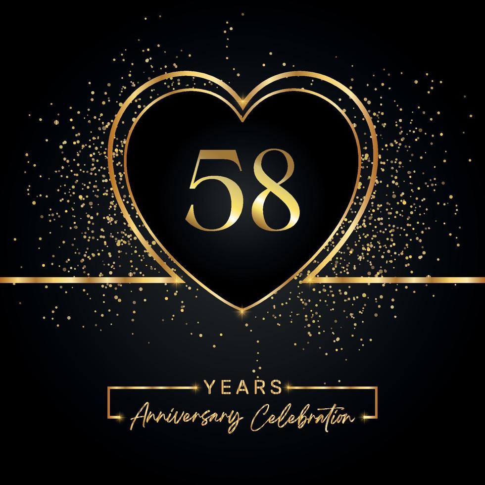 Celebrazione dell'anniversario di 58 anni con cuore d'oro e glitter dorati su sfondo nero. disegno vettoriale per auguri, feste di compleanno, matrimoni, feste di eventi. Logo dell'anniversario di 58 anni