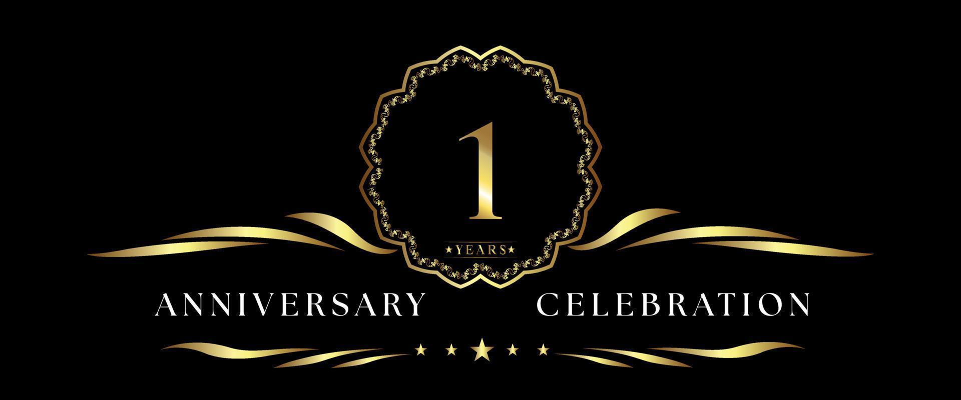 Celebrazione dell'anniversario di 1 anno con cornice decorativa dorata isolata su sfondo nero. disegno vettoriale per biglietto di auguri, festa di compleanno, matrimonio, festa evento, cerimonia. Logo dell'anniversario di 1 anno.