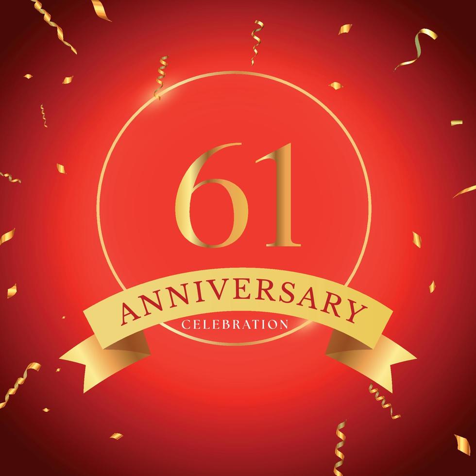 Celebrazione dell'anniversario di 61 anni con cornice dorata e coriandoli dorati isolati su sfondo rosso. disegno vettoriale per biglietto di auguri, festa di compleanno, matrimonio, festa di eventi. Logo dell'anniversario di 61 anni.