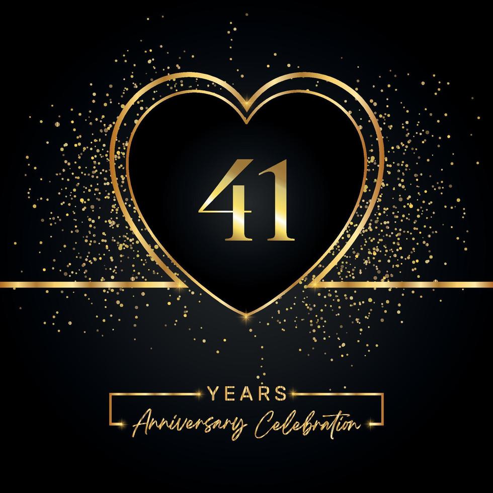 Celebrazione dell'anniversario di 41 anni con cuore d'oro e glitter dorati su sfondo nero. disegno vettoriale per auguri, feste di compleanno, matrimoni, feste di eventi. Logo dell'anniversario di 41 anni