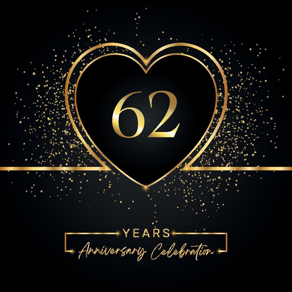 Celebrazione dell'anniversario di 62 anni con cuore d'oro e glitter dorati su sfondo nero. disegno vettoriale per auguri, feste di compleanno, matrimoni, feste di eventi. Logo dell'anniversario di 62 anni