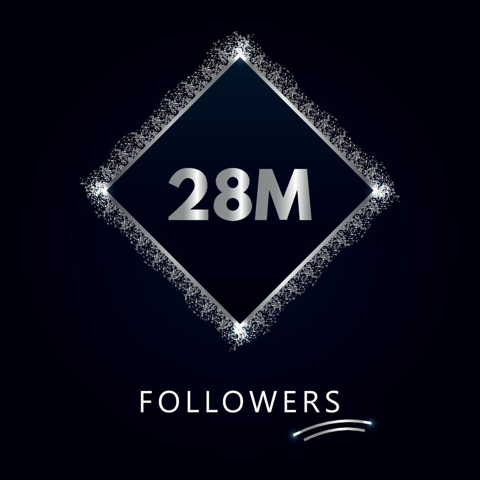 28m con glitter argento isolato su sfondo blu navy. modello di biglietto di auguri per i social network Mi piace, abbonati, festeggiamenti, amici e follower. 28 milioni di follower vettore