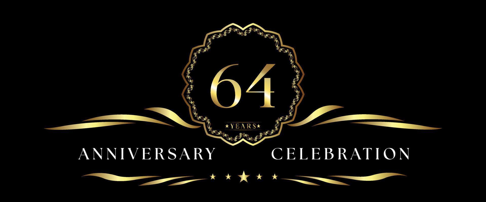 Celebrazione dell'anniversario di 64 anni con cornice decorativa dorata isolata su sfondo nero. disegno vettoriale per biglietto di auguri, festa di compleanno, matrimonio, festa evento, cerimonia. Logo dell'anniversario di 64 anni.