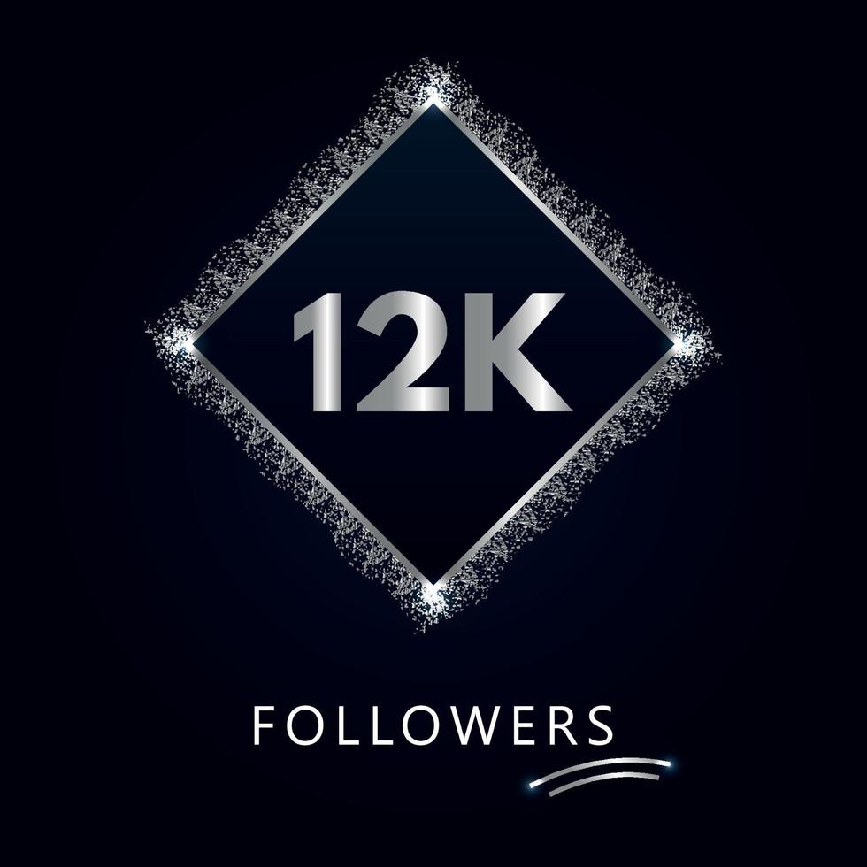 12k o 12 mila follower con cornice e glitter argento isolati su sfondo blu scuro. modello di biglietto di auguri per amici e follower dei social network. grazie, seguaci, realizzazione. vettore