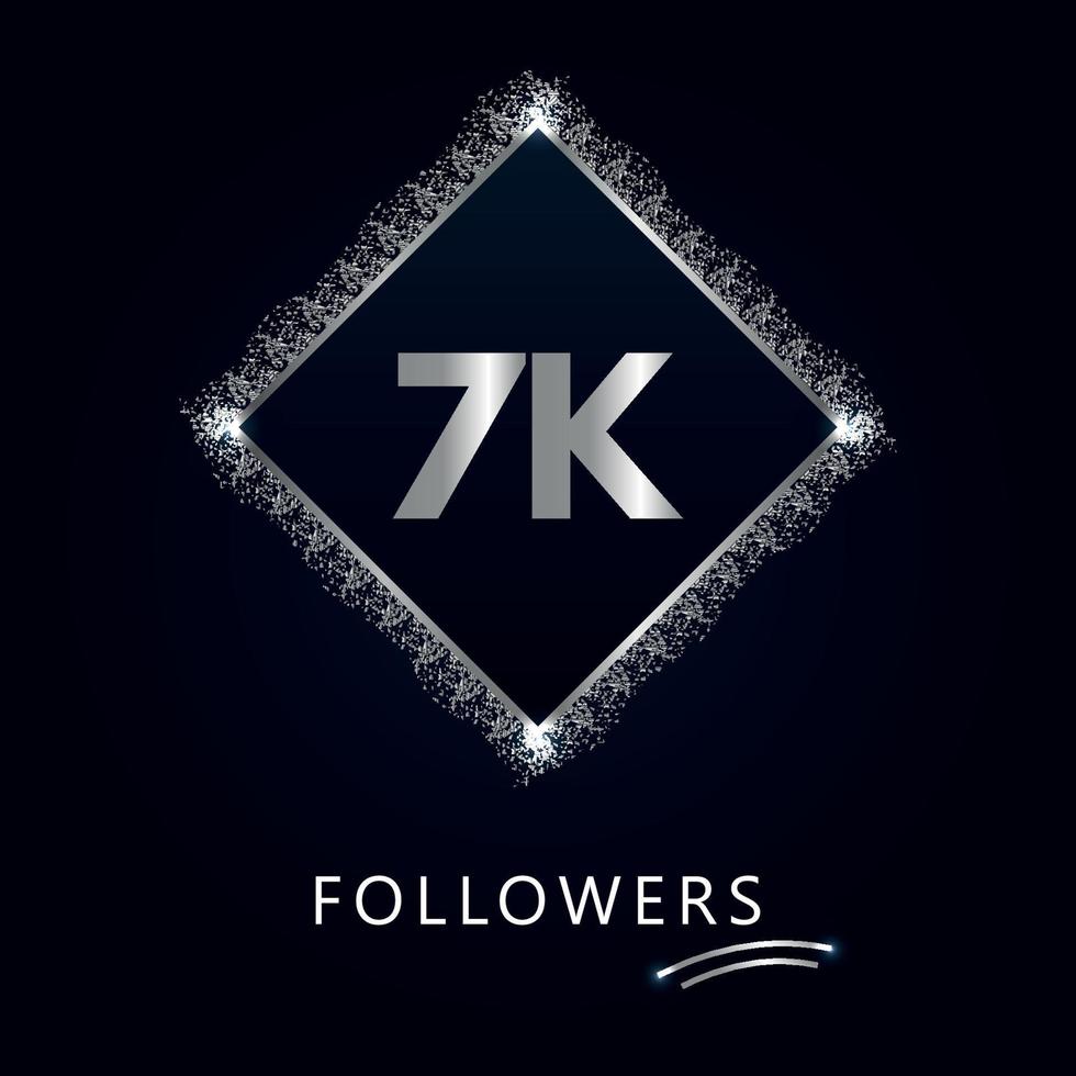 7k o 7mila follower con cornice e glitter argento isolati su sfondo blu navy scuro. modello di biglietto di auguri per amici e follower dei social network. grazie, seguaci, realizzazione. vettore