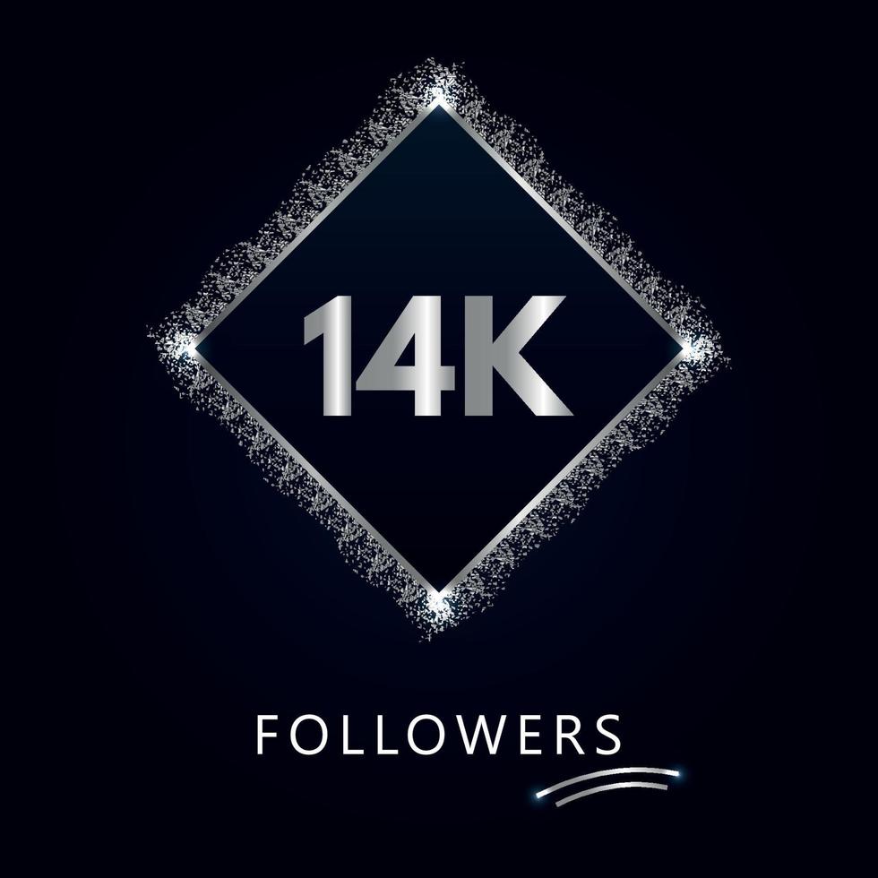 14k o 14 mila follower con cornice e glitter argento isolati su sfondo blu scuro. modello di biglietto di auguri per amici e follower dei social network. grazie, seguaci, realizzazione. vettore