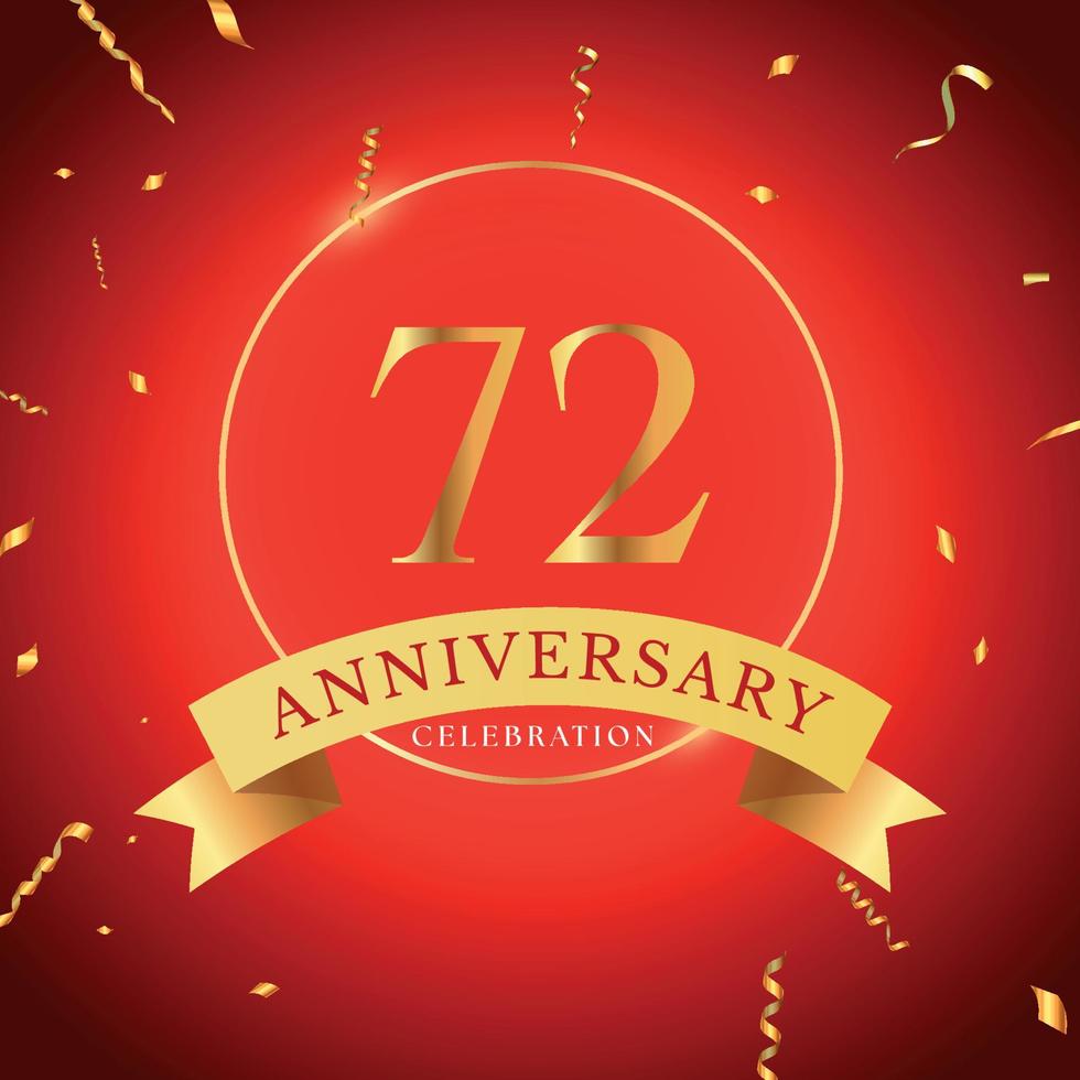 Celebrazione dell'anniversario di 72 anni con cornice dorata e coriandoli dorati isolati su sfondo rosso. disegno vettoriale per biglietto di auguri, festa di compleanno, matrimonio, festa di eventi. Logo dell'anniversario di 72 anni.