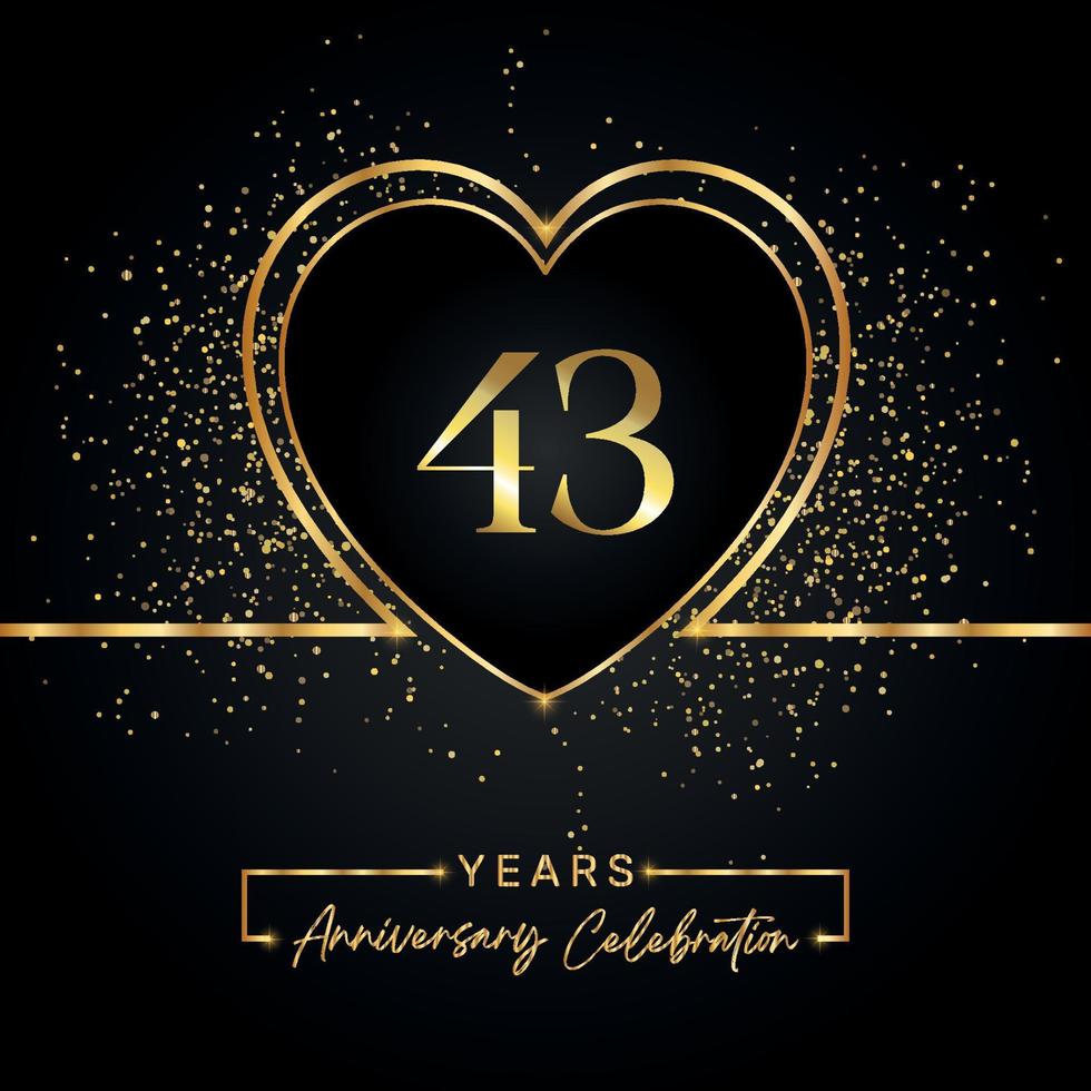 Celebrazione dell'anniversario di 43 anni con cuore d'oro e glitter dorati su sfondo nero. disegno vettoriale per auguri, feste di compleanno, matrimoni, feste di eventi. Logo dell'anniversario di 43 anni