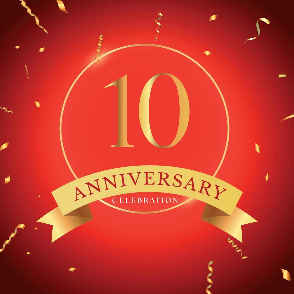 Celebrazione dell'anniversario di 10 anni con cornice dorata e coriandoli dorati isolati su sfondo rosso. disegno vettoriale per biglietto di auguri, festa di compleanno, matrimonio, festa di eventi. Logo dell'anniversario di 10 anni.