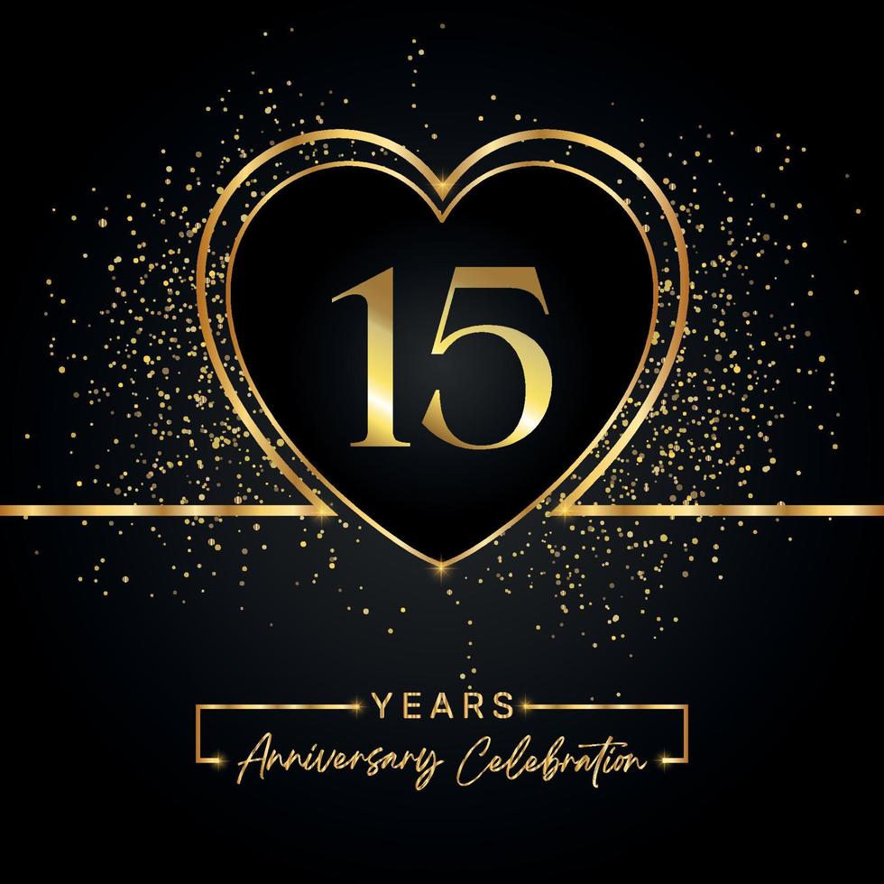 Celebrazione dell'anniversario di 15 anni con cuore d'oro e glitter dorati su sfondo nero. disegno vettoriale per auguri, feste di compleanno, matrimoni, feste di eventi. Logo dell'anniversario di 15 anni