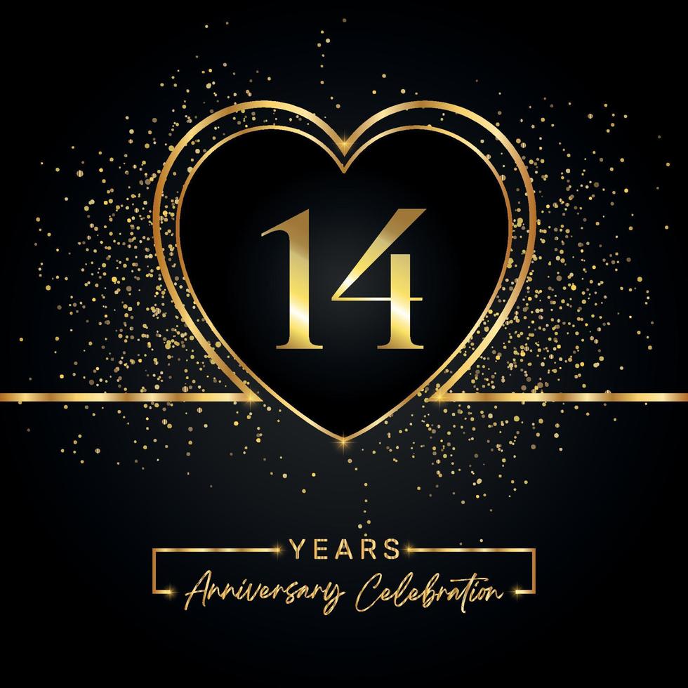 Celebrazione dell'anniversario di 14 anni con cuore d'oro e glitter dorati su sfondo nero. disegno vettoriale per auguri, feste di compleanno, matrimoni, feste di eventi. Logo dell'anniversario di 14 anni