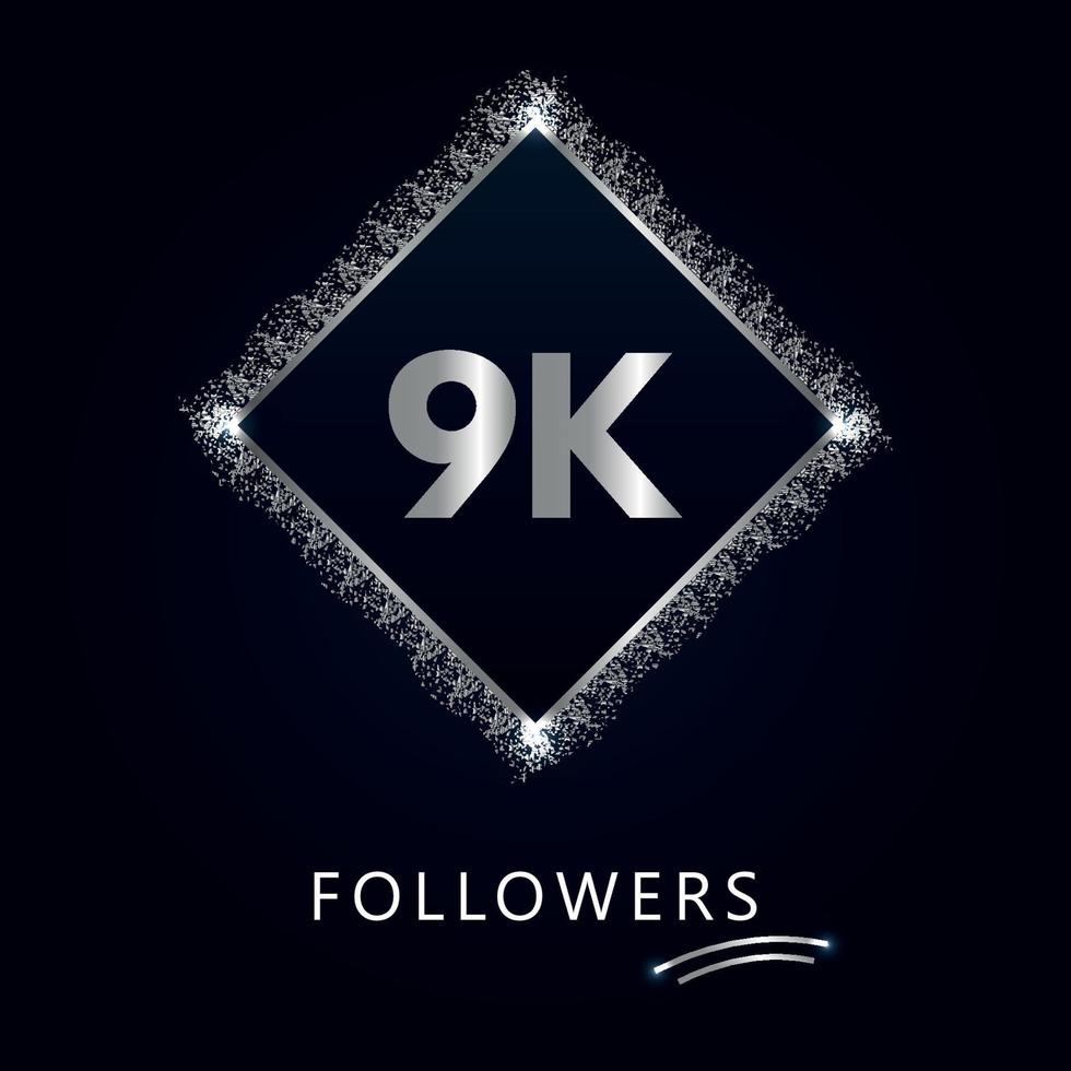 9k o 9 mila follower con cornice e glitter argento isolati su sfondo blu navy scuro. modello di biglietto di auguri per amici e follower dei social network. grazie, seguaci, realizzazione. vettore