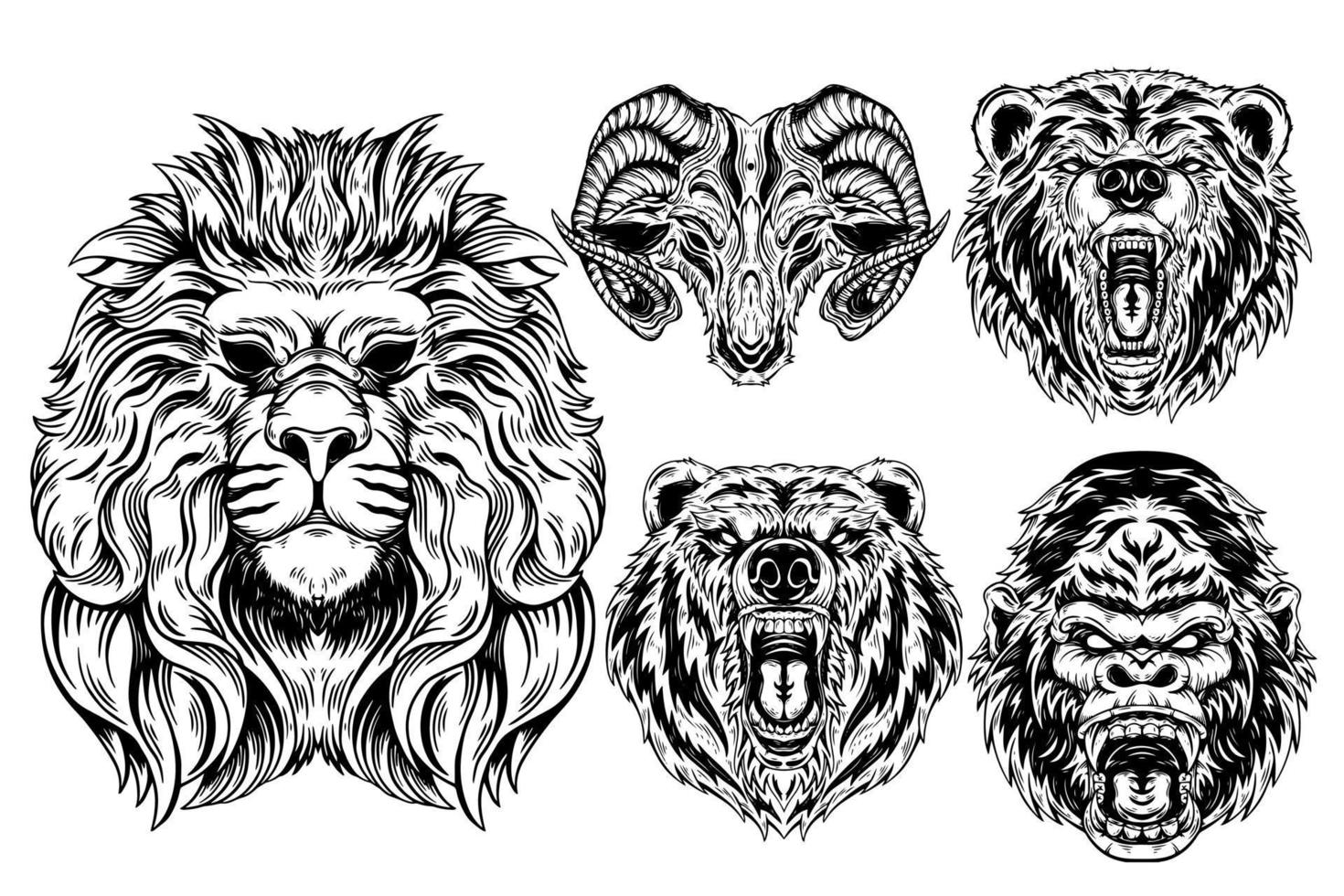 set animale leone orso capra e kong bestia arte oscura disegnata a mano tratteggio contorno simbolo tatuaggio merce t-shirt merchandising vintage vettore