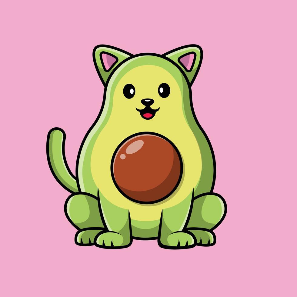 illustrazione dell'icona di vettore del fumetto di seduta dell'avocado del gatto sveglio. icona di frutta animale concetto isolato vettore premium.