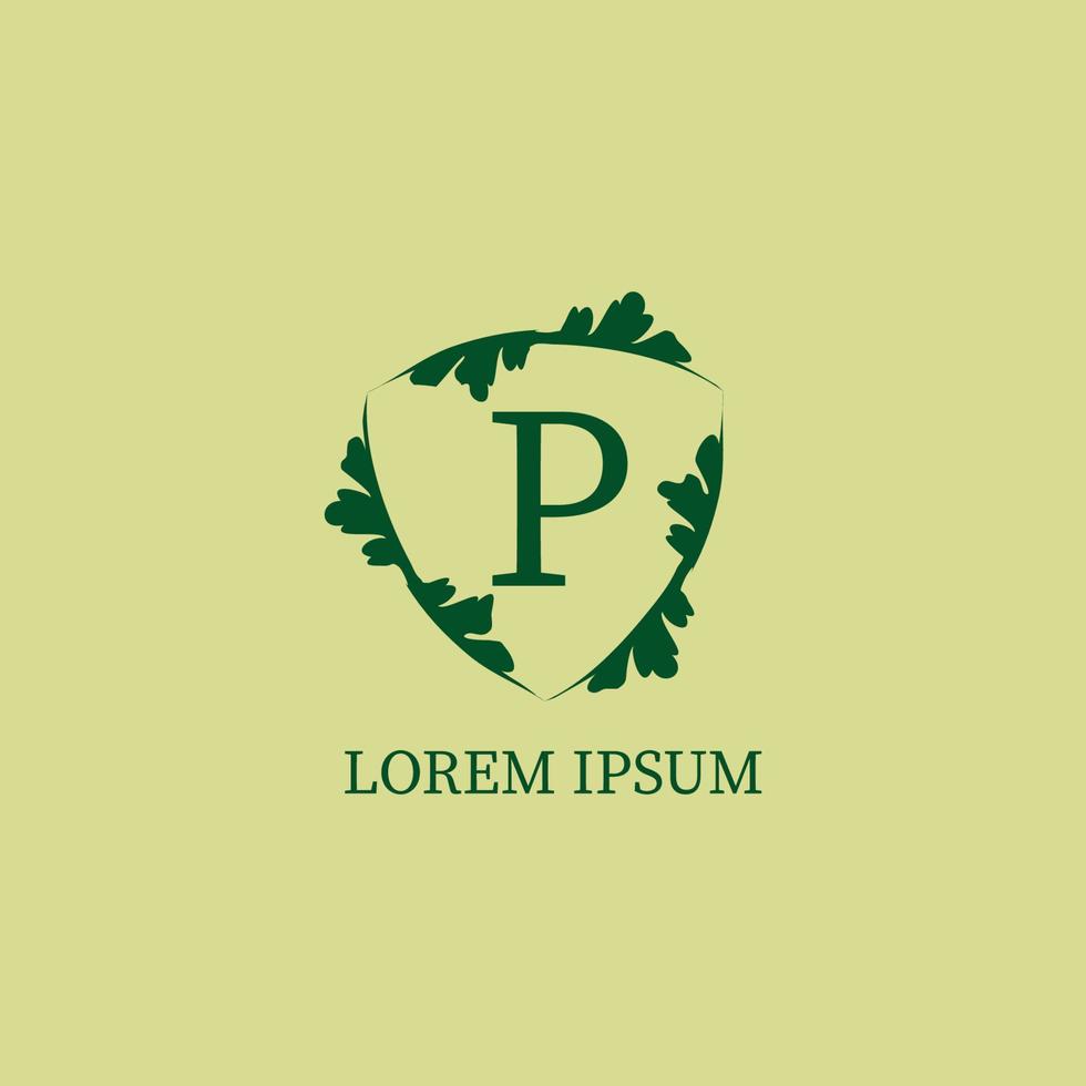 modello di progettazione del logo alfabetico della lettera p isolato su colore beige verde. illustrazione decorativa del segno dello scudo floreale. guardia della natura, concetto di logo di sicurezza. vettore