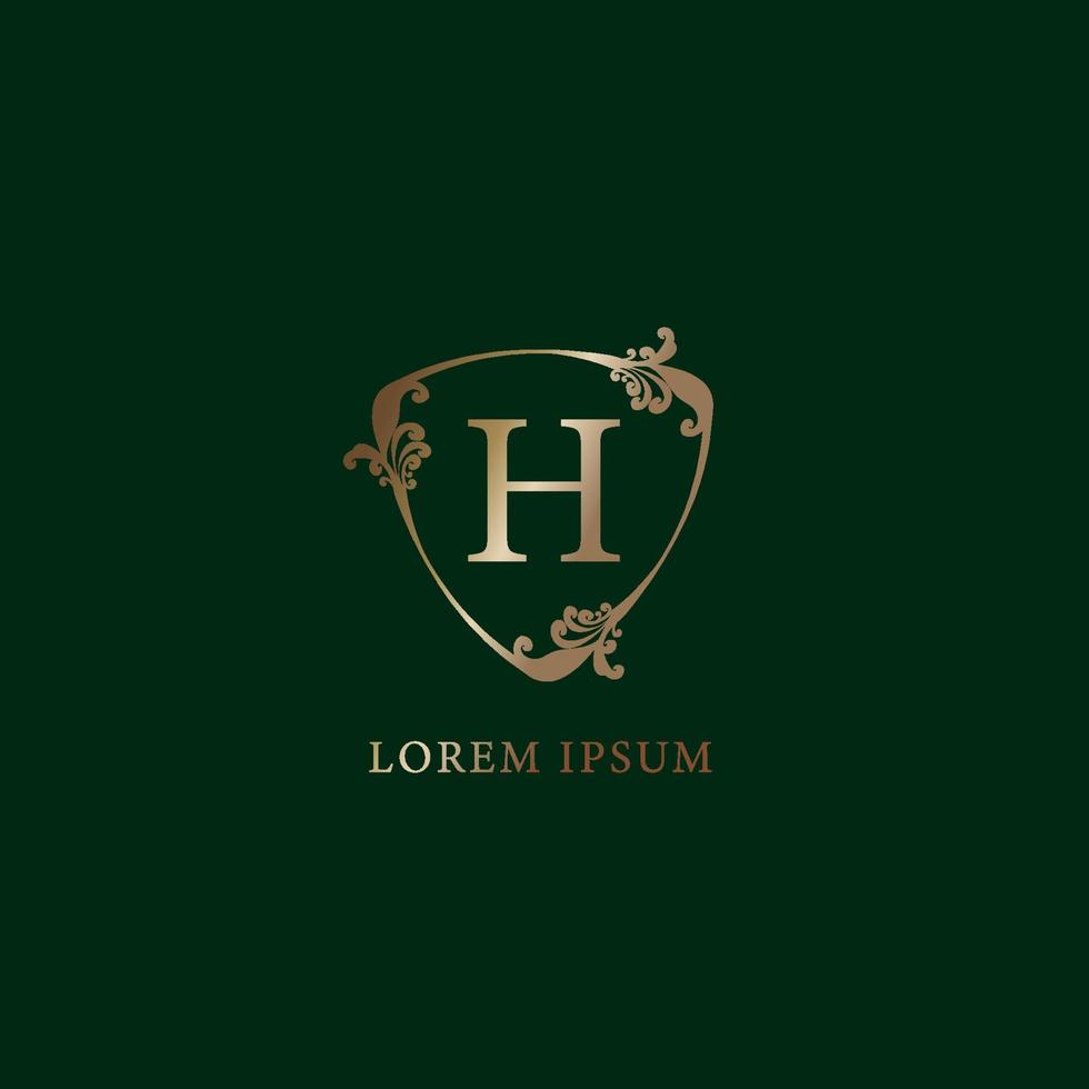 modello di progettazione del logo alfabetico della lettera h. illustrazione del segno dello scudo floreale decorativo in oro di lusso. concetto di marchio di assicurazione isolato su sfondo verde scuro, vettore