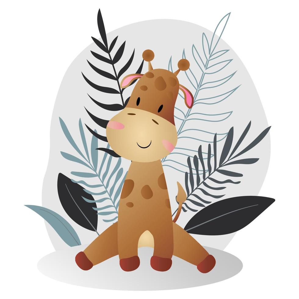 cartone animato piccola giraffa in piedi in sagome di foglie tropicali vettore