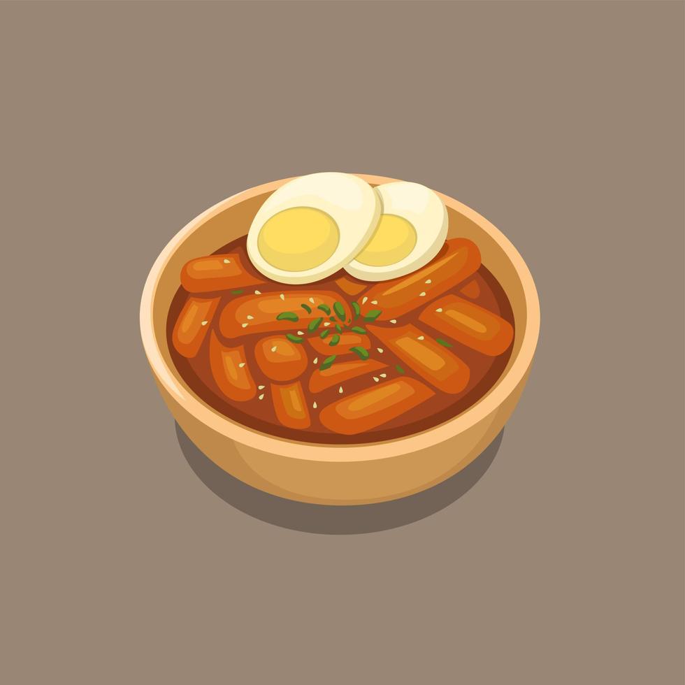 lo tteokbokki o la torta di riso bollita è cibo di strada popolare coreano in una ciotola con il vettore dell'illustrazione del fumetto della guarnizione dell'uovo