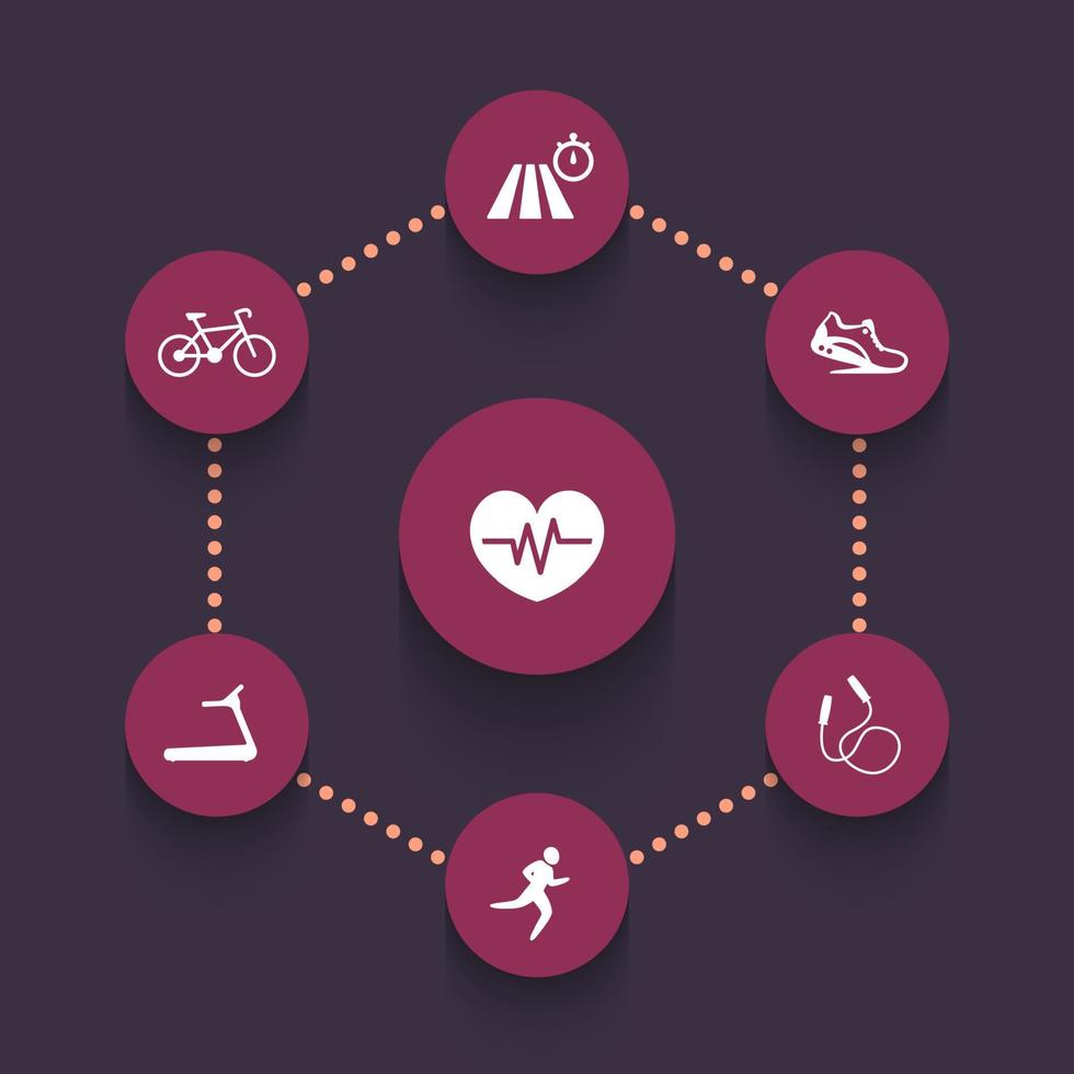 aspetti dell'allenamento cardio, set di icone rotonde, elementi infografici, illustrazione vettoriale
